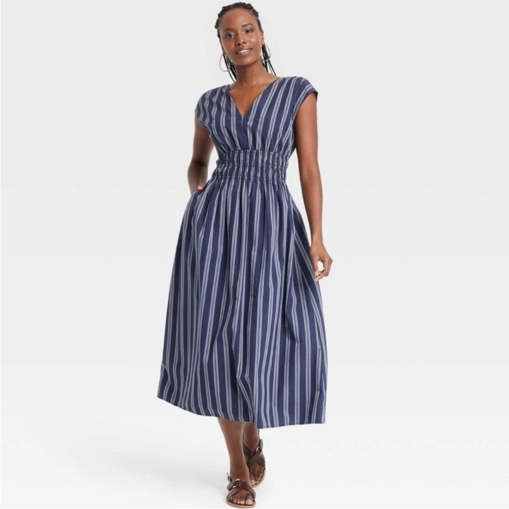 Blue Striped Shirred Waist V-Neck Midi Dress